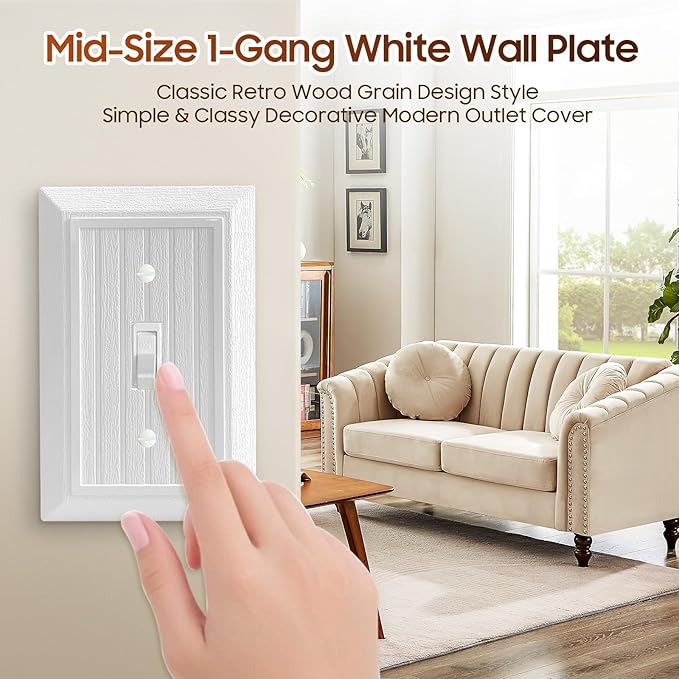 Classic Retro Wood Grain Design Style, Modern Decorative Light Switch Cover Plate, Pure White Rocker Outlet Covers Wall Plates Mid-Size (1-Gang Single Toggle 12 Pack)
