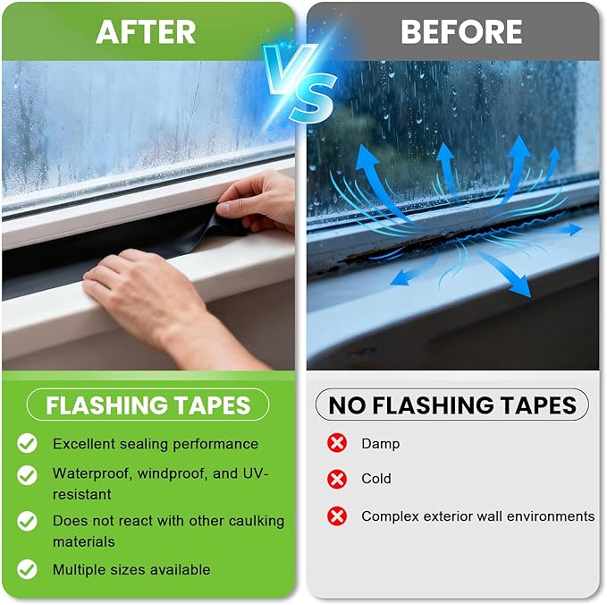 Flashing Tape, 9" x 75', Industrial Strength for Windows, Doors, Weather-Resistant, UV-Resistant, Tear-Resistant, Advanced Acrylic Adhesive, Black