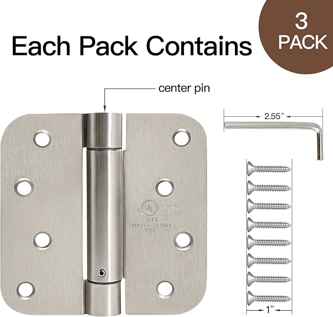 4 Inch Self Closing Satin Chrome Door Hinge 5/8" Radius Corner 3pack,Adjustable Tension for Garage, Front Door, Back Door, for Left and Right Hand Door, UL Listed
