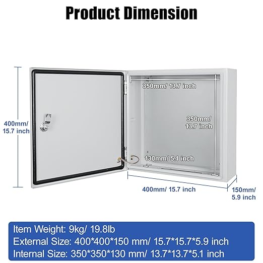 LeMotech Electrical Box 16 x 16 x 6 inch Steel Enclosure, IP66 Waterproof Dustproof Junction Box Wall-Mounted for Outdoor/Indoor Lockable with Equipment Mounting Plate