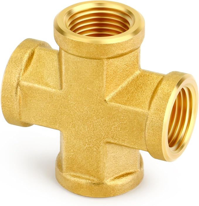 GASHER 2PCS Brass Pipe Fitting, Cross 4 Way Pipe Fitting, 1/4" x 1/4" x 1/4" x 1/4" NPT Female Pipe