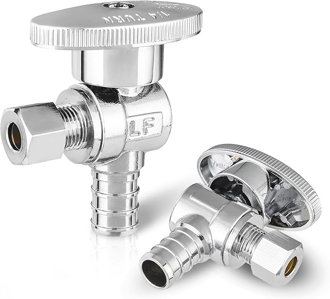 (Pack of 2) EFIELD 1/4 Turn Angle Stop Valve 3/8" OD Compression x 1/2" Pex Barb Crimp Chrome Plated Brass,(VALVE076)