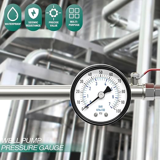 0-100psi Well Pump Pressure Gauge 1/4" NPT 2" Face Dial Size Back Mount, Multifunctional Practical Dry Pressure Gauge, for Water, Oil and Air Compressor