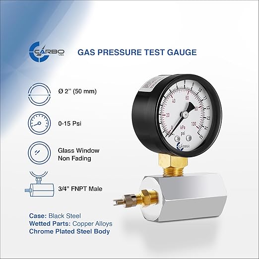 Gas Test Pressure Gauge 15 Pound, 15 PSI / 100 kPa, 3/4” FNPT Connection, Brass Valve, Chrome Plated Steel Body Assembly.