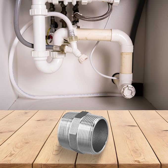 Hex Nipple 2 Inch Male x Male 304 Stainless Steel Threaded Pipe Fitting, Resistant Plumbing Connector for Water, Gas and Air Systems