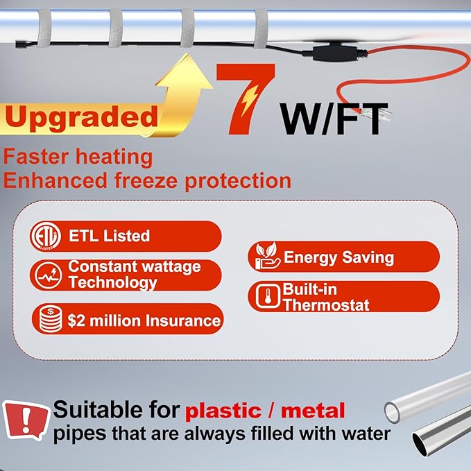 HEATIT Heating Cable for Water Pipes Automatic Heat Tape Pipe Freeze Protected Heated Cable 35 Feet
