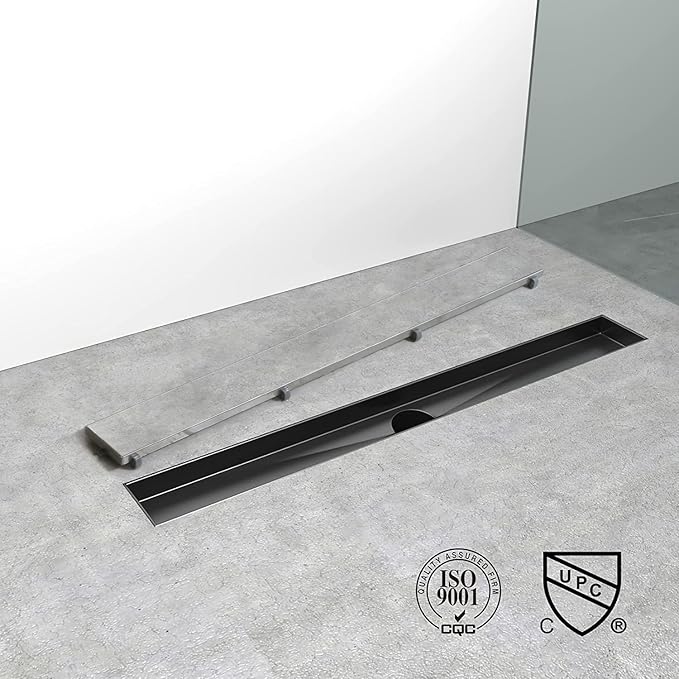Linear Shower Drain, 18 inch Black Drain with Tile Insert 2-in-1 Panel, Brushed 304 Stainless Steel Shower Floor Drain, Linear Drain with Hair Strainer and Adjustable Feet