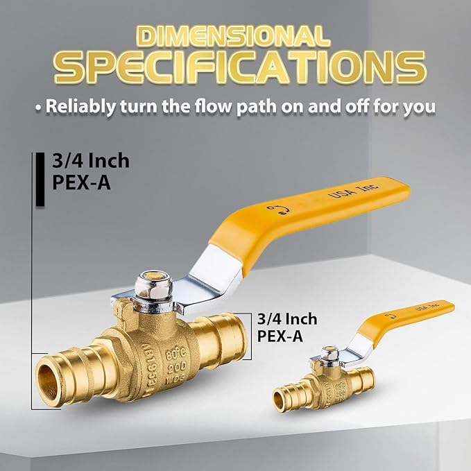 100-Pack Foskan 3/4" Brass PEX-A Ball Valve with Yellow Handle, Quarter Turn Full Port Valve for PEX-A Pipe Connection