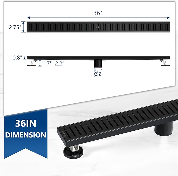 Neodrain 36" Matte Black Bathroom Linear Shower Drain with Removable Capsule Pattern Grate, 304 Stainless Steel Shower Floor Linear Drain- CUPC Certified with Hair Strainer