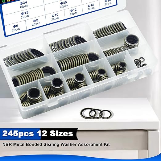 Bonded Seal Washer, NBR Metric Metal Automotive Sealing Washers Assortment Kit, 245PCS Self-Centred Sealing Rubber Gasket Combination Fit 12 Size M6 M8 M10 M12 M14 M16 M18 M20 M22 M24 M27 M30