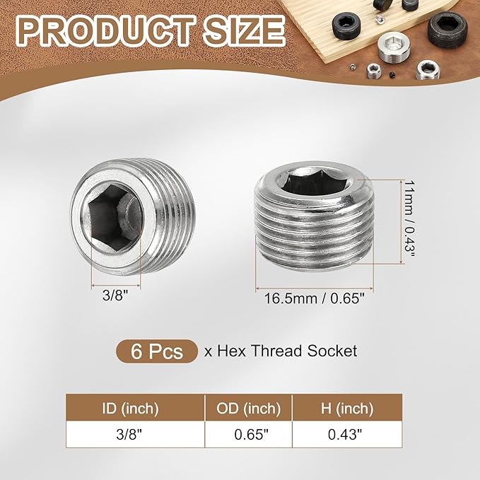 Pipe Plug Stainless Steel Internal Hex Thread Socket Pipe Plug Fitting - Fitting for (Sealing Port - Air Tanks - Water Outlets) 3/8 Inch NPT Male & 6 Pack