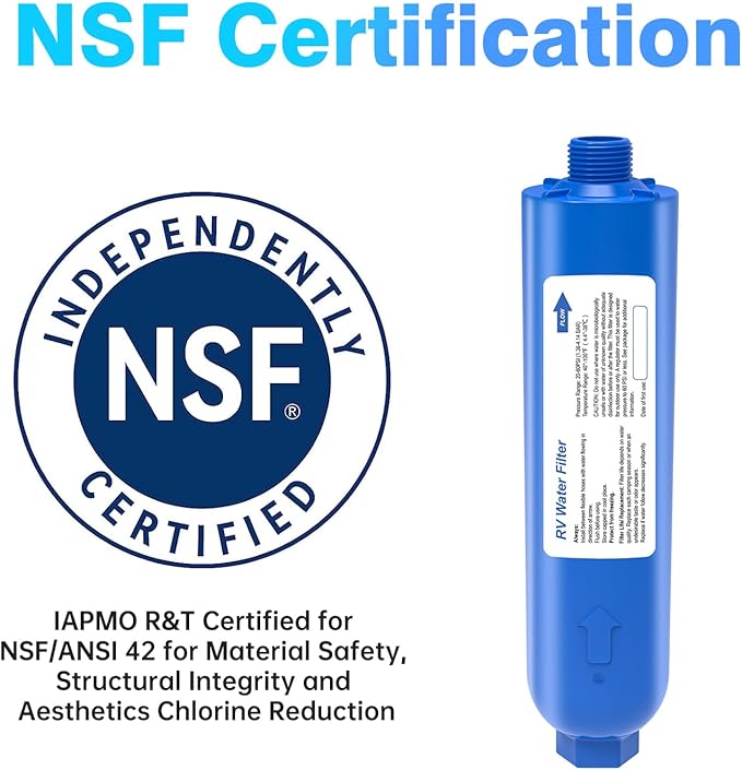 RV Inline Water Filter with 2 Flexible Hose Protector, NSF Certified, Reduces Odors, Chlorine, Bad Taste, Water Filter for Boat, RV, Marine Use, Garden, 2 Pack