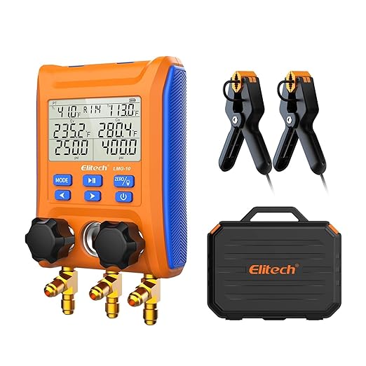 Elitech Digital Manifold Gauge 2-Way Valve with Thermometer Clamps for HVAC Systems, LMG-10