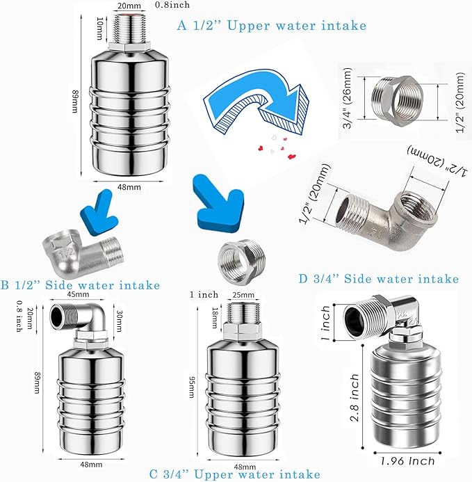 Auto Water Level Control Float Valve 1/2" 3/4" - 304 Stainless Steel, No Pump Needed for Water Tanks, Fish Ponds, Livestock Troughs, Hydroponics, Pool (Top/Side Entry, High Pressure)