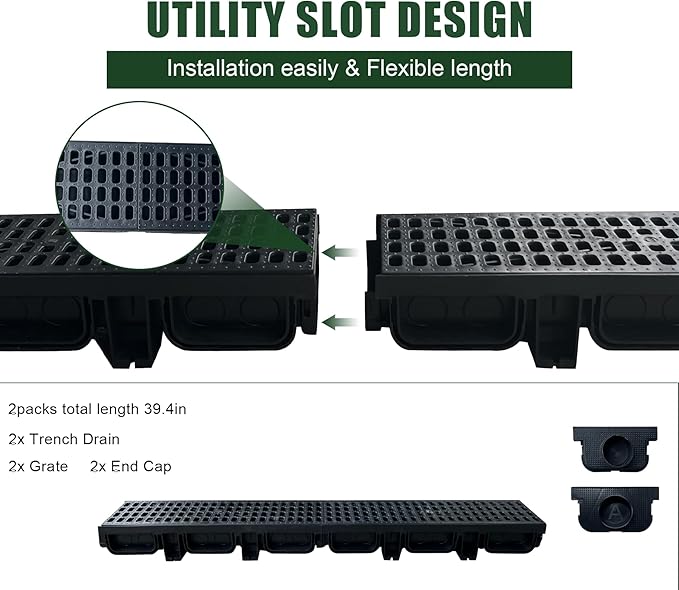 HDPE Channel Drain with Grates-19.7x5.5x3.7 in. Trench Drain System,2 Pack Total Length 39.4 in,Yard Drainage System with 2 Outlet Adapters for Outdoor,Yard Fence,Pool,Sidewalk,Patio