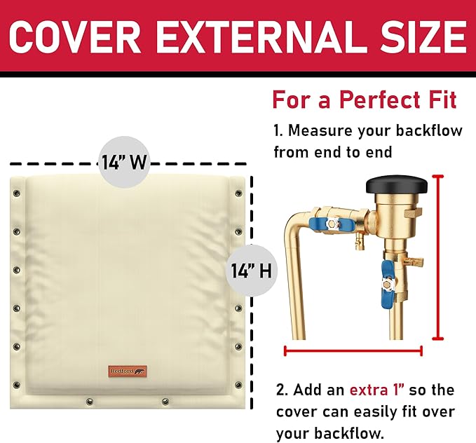 Redford Supply Co. Cold Snap (5°F) Backflow Preventer Insulation Cover, 3-Way Custom, 14" W x 14" H, Pipe Insulation, Water Sprinkler Covers for Outside, Sprinkler Backflow Cover for Winter (Beige)