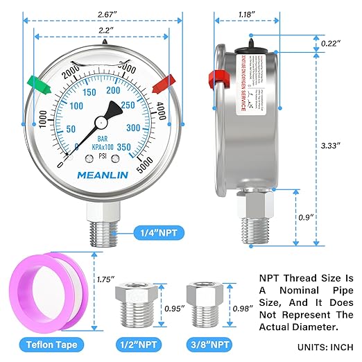 MEANLIN MEASURE 0~5000Psi Stainless Steel Liquid Filled Pressure Gauge 2.5" FACE DIAL 1/4" NPT for WOG Water Oil Air Lower Mount with Stainless Steel Hex Bushing and Snaps