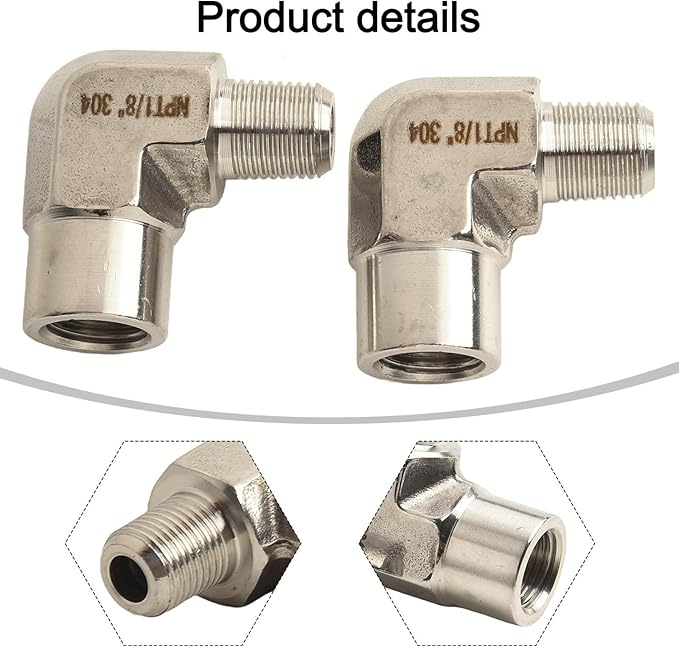 Stainless Steel 90 Degree Elbow Fitting, 1/8 Inch NPT Male to 1/8 Inch NPT Female Adapter, for Plumbing and Industrial Applications