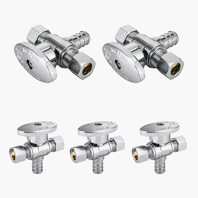 5-Pack GUOFIS PEX Angle Stop Valve with Dual Compression Outlet,1/2" PEX Crimp Inlet x (3/8" x 3/8") Outlet Shut-off Valves(1/4 Turn,Chrome)(VALVE125-5Pack)