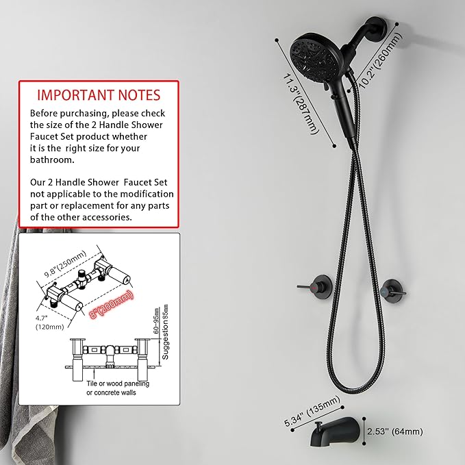 Black 2 Handle Tub Shower Faucet Set with 10 Spray Magnetic Guidance Docking System Two Knobs Shower Trim Kit with Rough-in Valve, Wall Mounted