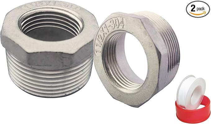1-1/2" Male to 1" Female NPT Threaded Reducer Hex Bushing 304 Stainless Steel Reducing Adapter Pipe Fitting With Teflon Plumbers Tape(Pack of 2)