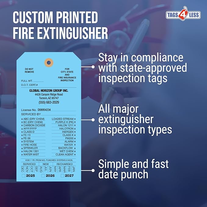 Tags 4 Less Custom Fire Extinguisher Tags – Preventative Maintenance Labels for Monthly Inspections, Alternative to Safety Sticker for Easy Record-Keeping – Pack of 100 (Light Blue, Cardboard)