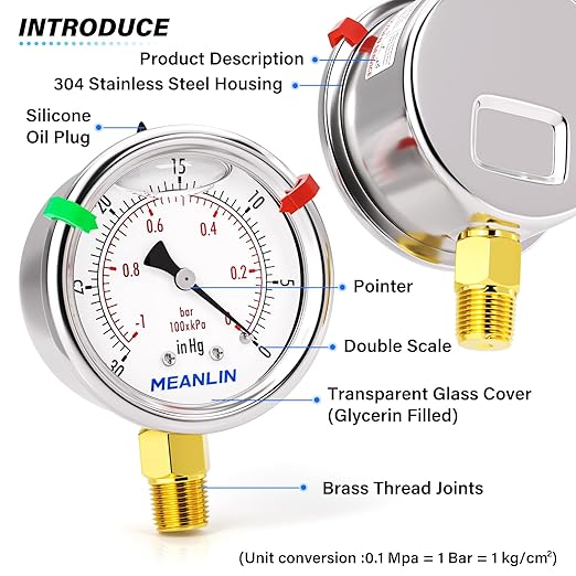 MEANLIN MEASURE -30inHG~0Psi Vacuum Gauge Stainless Steel Liquid Filled 1/4" NPT 2" FACE DIAL for Air Compressor HVAC Negative Pressure Hand Pump Pool Lower Mount, with Hex Bushing and 2PCS Snaps