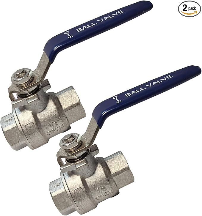 1/2" 316 Stainless Steel Ball Valve Female, 2-Piece Full Port NPT Threaded, 1000 WOG, High Pressure Corrosion Resistant Shut Off Valve for Water/Oil/Gas, Industrial Plumbing Valve (2-Pack)