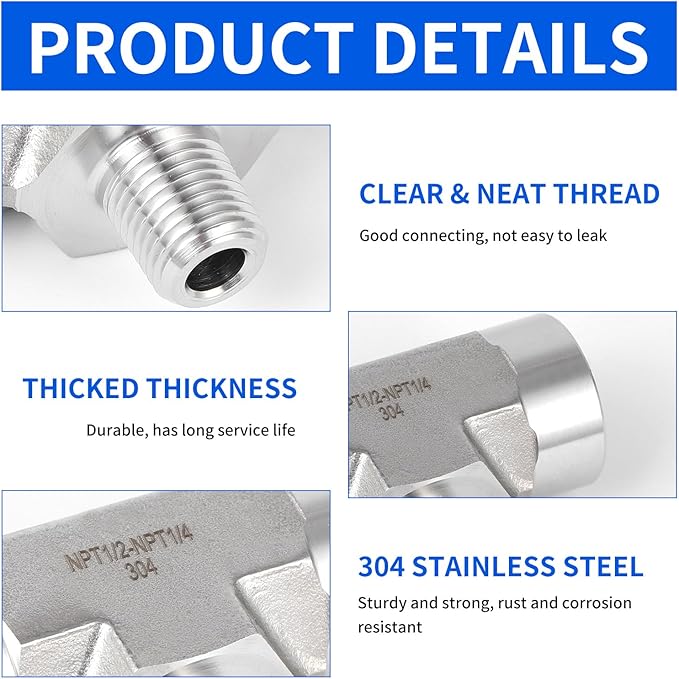 2 piece,NP1/2 Female - NPT1/4 Male - NPT1/2 Female tee, 3Way Connector, Fabricate of 304 Stainless Steel.