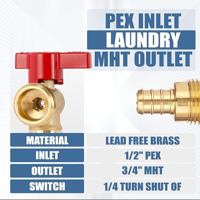 Premium Washing Machine Outlet Box with Center Drain, 1/2-Inch Pex Crimp x 3/4-Inch MHT Connection, Laundry Washer Valve Outlet Box with Clear Text Instructions