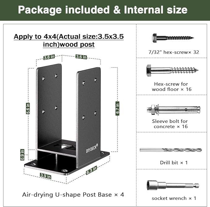 4x4 Wood Post Base (Internal Size 3.6"x3.6") Heavy Duty Stainless Steel Powder-Coated Post Anchor with Air Flow Channel Fence Post Anchor Base for Deck Railing, Pergolas, Fence Pillar, 4Pack