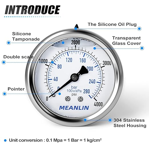 MEANLIN MEASURE 0~4000Psi Stainless Steel 1/4" NPT 2.5" FACE DIAL Liquid Filled Pressure Gauge WOG Water Oil Air Center Back Mount, with 1/4" x 1/2" NPT and 1/4" x 3/8" NPT Hex Bushing