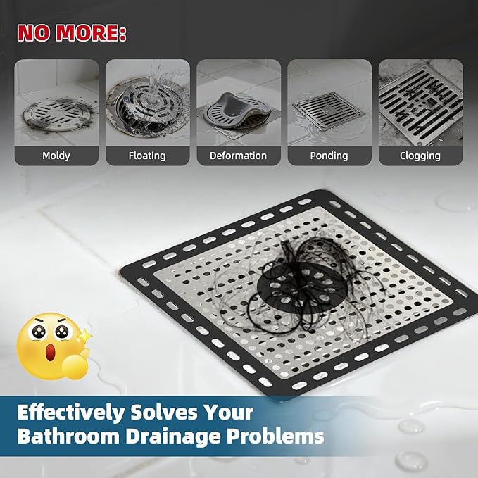 Hibbent 2 Pack Upgraded Shower Drain Hair Catcher, Shower Drain Cover for Bathroom Floor 6" Drain, Anti-Clogging Bathtub Drain Strainer, Stainless Steel Kitchen Sink Drain Strainer with Handle, Black