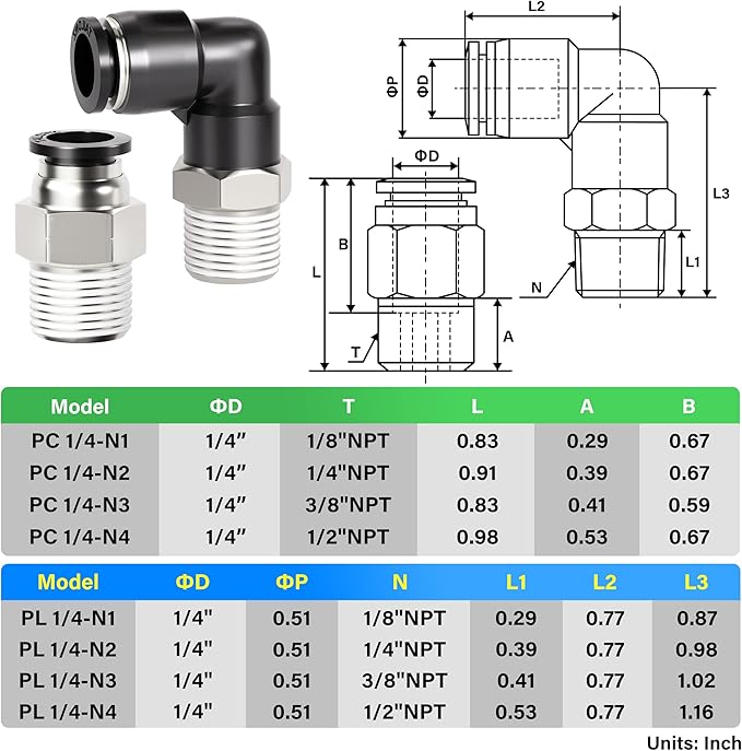 TAILONZ PNEUMATIC Elbow and Straight Combination 1/4 Inch Tube OD x 1/4 Inch NPT Thread Push to Connect Fittings PC-1/4-N2+PL-1/4-N2(Pack of 30)