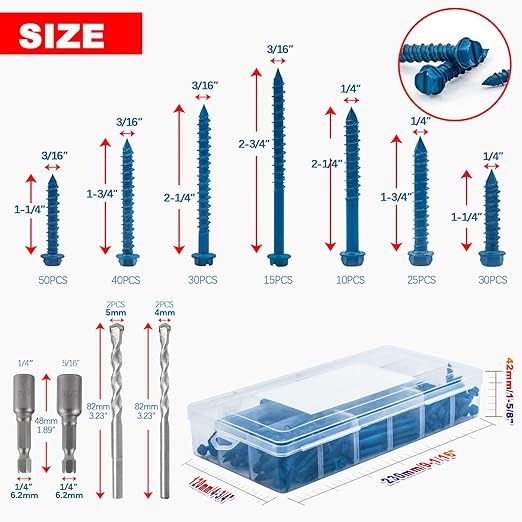 200Pcs Concrete Screws with Drill Bit and Driver bit, 3/16" 1/4" Hex Head Concrete Cement Screws Assortment Kit for Anchoring to Masonry, Block or Brick Stucco, Length 1-1/4" to 2-3/4"