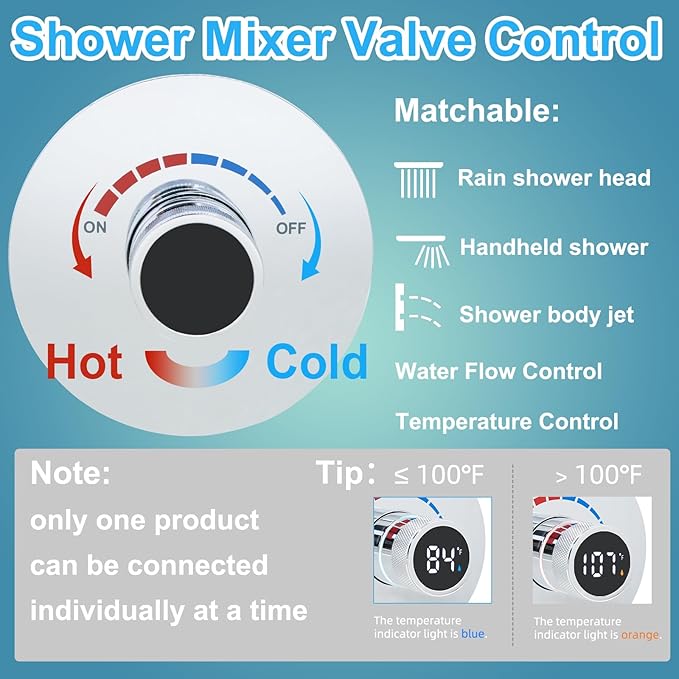 Round Digital Display Shower Valve Shower Diverter Single Way Shower Mixing Valve Concealed Installation in Wall for Bathroom Polished Chrome