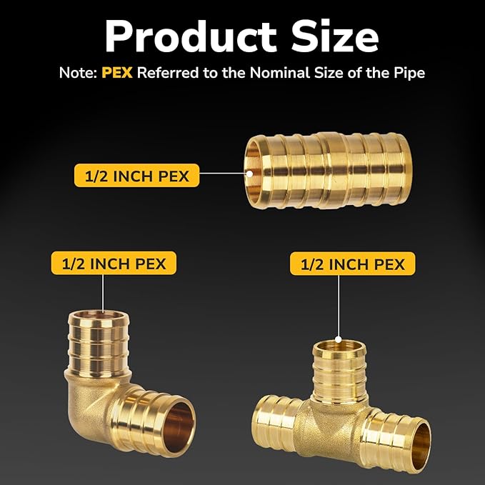 48 Pack 1/2" Pex Fittings Set, 16 Pcs Each Elbow, Tee and Coupling, Heavy-Duty Brass Crimp Fittings for PEX Pipes with Leak-Resistant Construction, NSF & UPC Certified