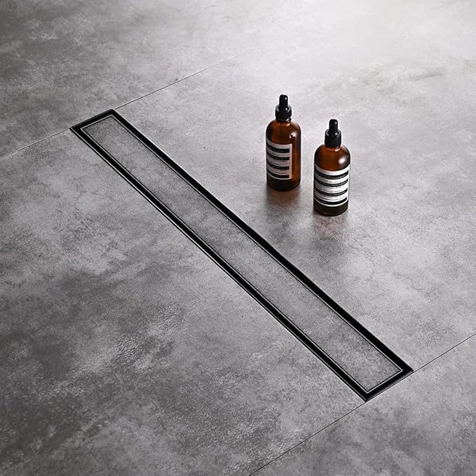 Linear Shower Floor Drain, Black 48 Inch 304 Stainless Steel Bathroom Drains Kit, Rectangular Shower Trench Drain with Reversable Tile-in Pattern Drain Cover & Hair Catcher