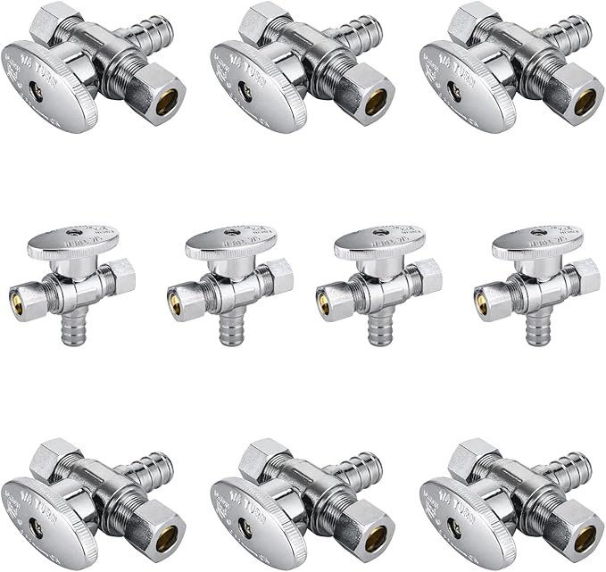 10-Pack Foskan Dual Outlet Angle Stop Valve,1/4 Turn Shut off Valve,1/2" PEX x 3/8" OD x 3/8" OD,Chrome Plated Brass