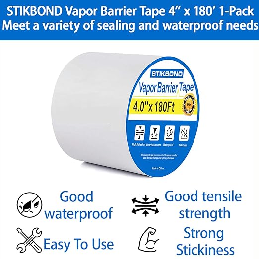 Vapor Barrier Tape 4 Inch x 180' x 4mil 1-Pack Moisture Barriers Seal and Seam Tape, White Polyethylene Tape for Crawl Space,Waterproofing, Underlayment,Metal Building and Plastic Sheeting