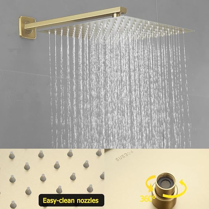 Brushed Gold Shower System 12 Inch Bathroom Luxury Rain Mixer Shower Combo Set Wall Mounted Rainfall Shower Head and Handheld System Shower Faucet Set Rough-in Valve Body and Trim Kit