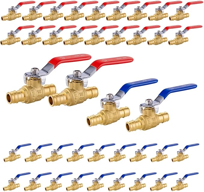40-Pack Foskan 1/2" Brass PEX-A Full Port Ball Valve, Quarter Turn Shut-off Valve for PEX-A Tubing(Blue and Red)