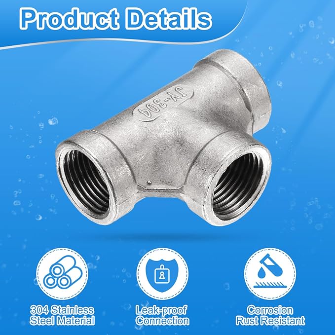uxcell 4 Pcs 304 Stainless Steel Tee Pipe Fittings G3/8" Female Tee Adapter 3 Way t Shaped Cast Pipe Fitting Connector with Seal Tape for Plumbing Drainage Pipes Heating Systems
