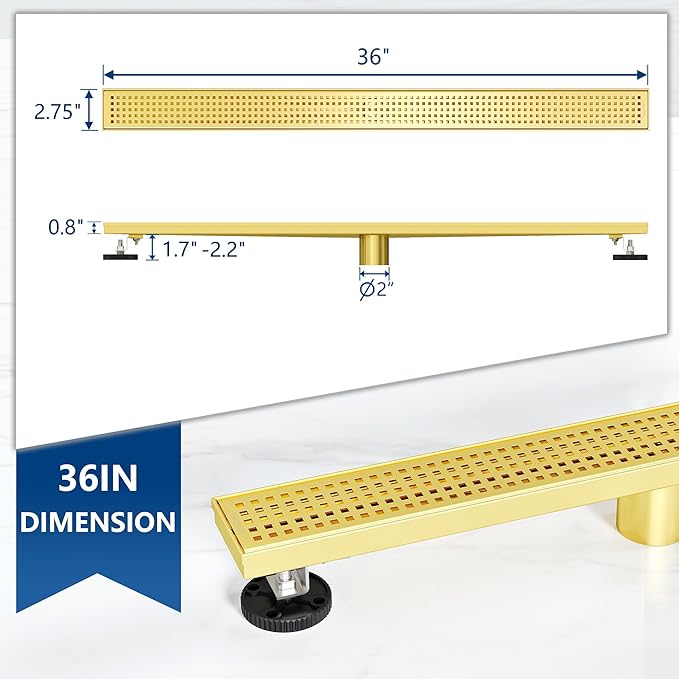 Neodrain 36-Inch Brushed Brass Linear Shower Drain with Removable Quadrato Pattern Grate,304 Stainless Steel Gold Rectangle Shower Floor Drain,Linear Drain with Hair Strainer