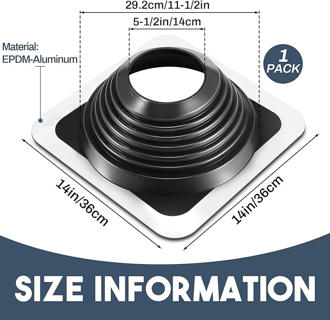#7 Metal Roof Vent Boot Chimney Flashing Roof Jack Pipe Vent for Pipe Od 6 to 11 Sleeve Square Base Epdm Stove Vent(1 Pcs,14.8 Inch)
