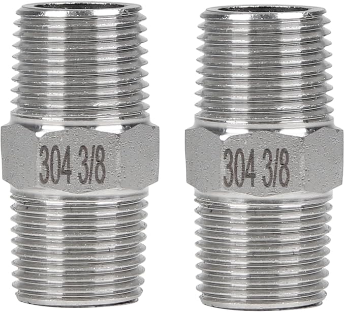 2Pcs 3/8" Male Hex Nipple Pipe Fittings, 304 Stainless Steel Threaded Adapter Fittings, 3/8 Inch Male Equal Nipples Connectors, Male Straight Threaded Pipe Fitting