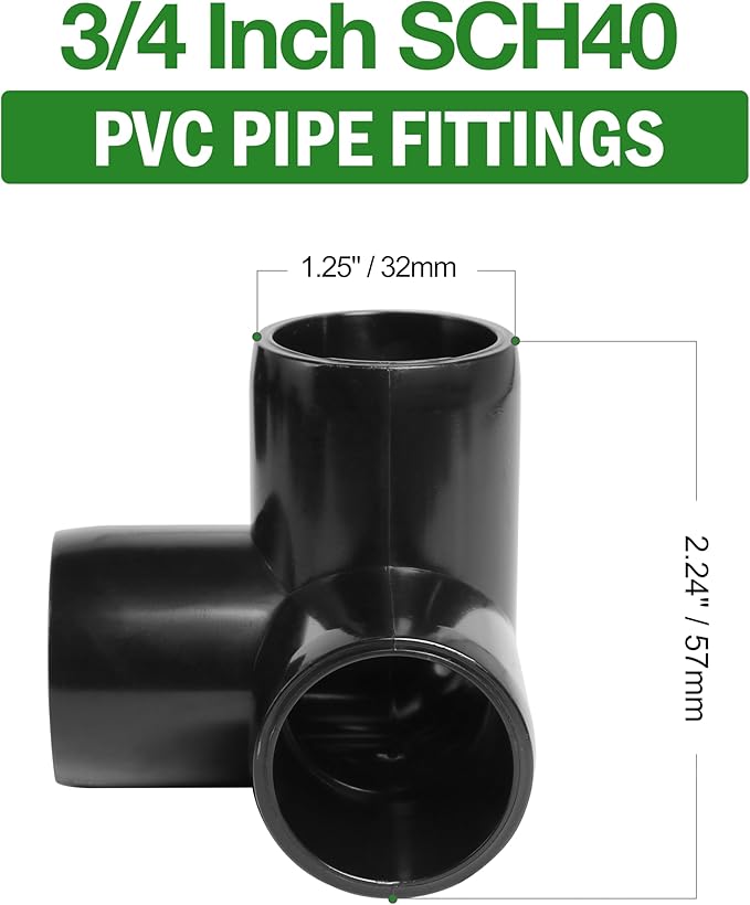 3 Way PVC Pipe Fittings 3/4 Inch, Zernmiarder Black PVC Elbow Corner Side Outlet Tee Fitting, SCH40 Furniture Grade Pipe Connectors - Fits 3/4" Polyvinyl Chloride Pipes, 4 Pieces