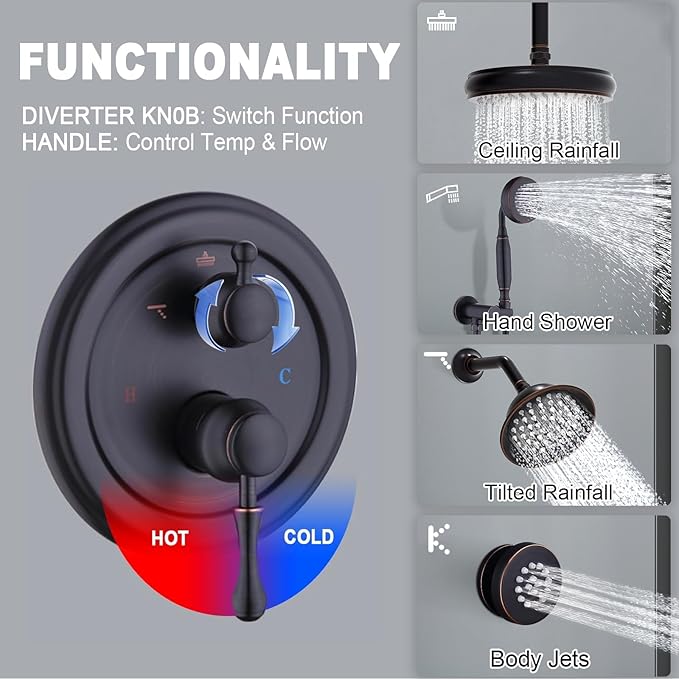 Enga Antique Shower Faucet Sets Dual Heads with 4 Body Jets, 8" + 6" Ceiling & Wall Mount Vintage Shower Head with Handheld Spray Combo, 4 Way Diverter Brass Valve, Oil Rubbed Bronze