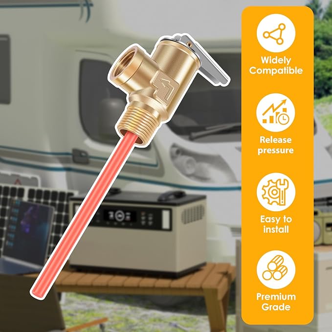 1/2" NPT RV 210°F Temperature and Pressure Relief Valve Thickened Brass Safety Valve RV Water Heater Temperature and Pressure Relief Valve for Hot Water Heater Tanks (DN15-2pc)
