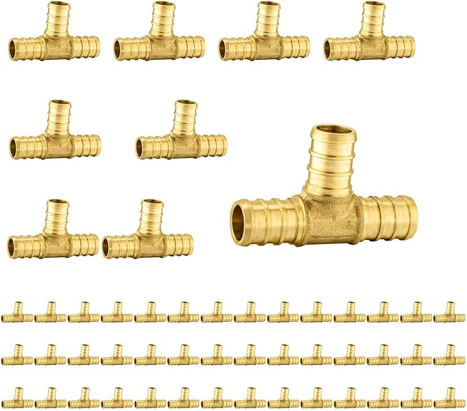 Pack Of 50 Foskan PEX Fittings, 1/2"x1/2"x1/2" Reducing Tee, Brass Barb Crimp PEX Fittings for Hot or Cold Water Distribution